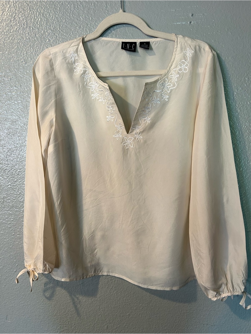I.N.C International Concepts Ivory 100% Silk Embroidered Blouse